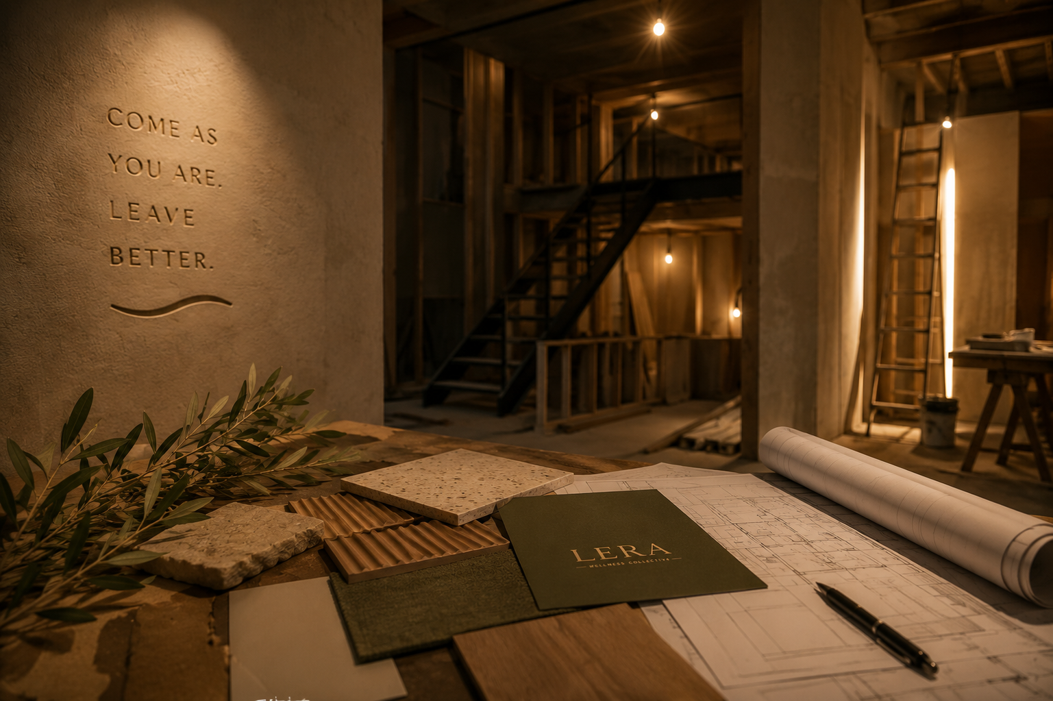LERA Wellness Collective build workspace with architectural plans and material samples